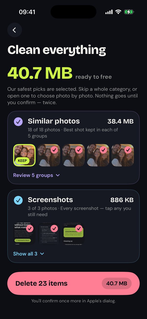 Clean Everything screen with categories, reasons and a delete total