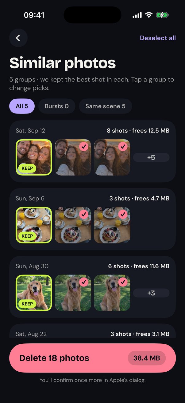 Similar photos grouped, with the best shot marked Keep